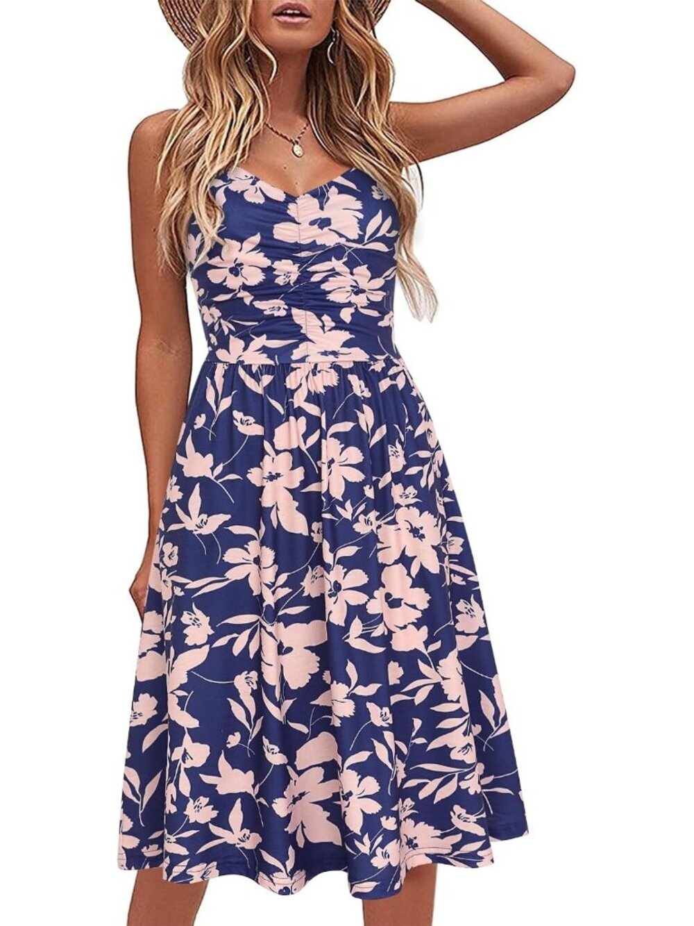 Women's Navy Floral Sleeveless V Neck A LINE Spaghetti Pockets MIDI Dress